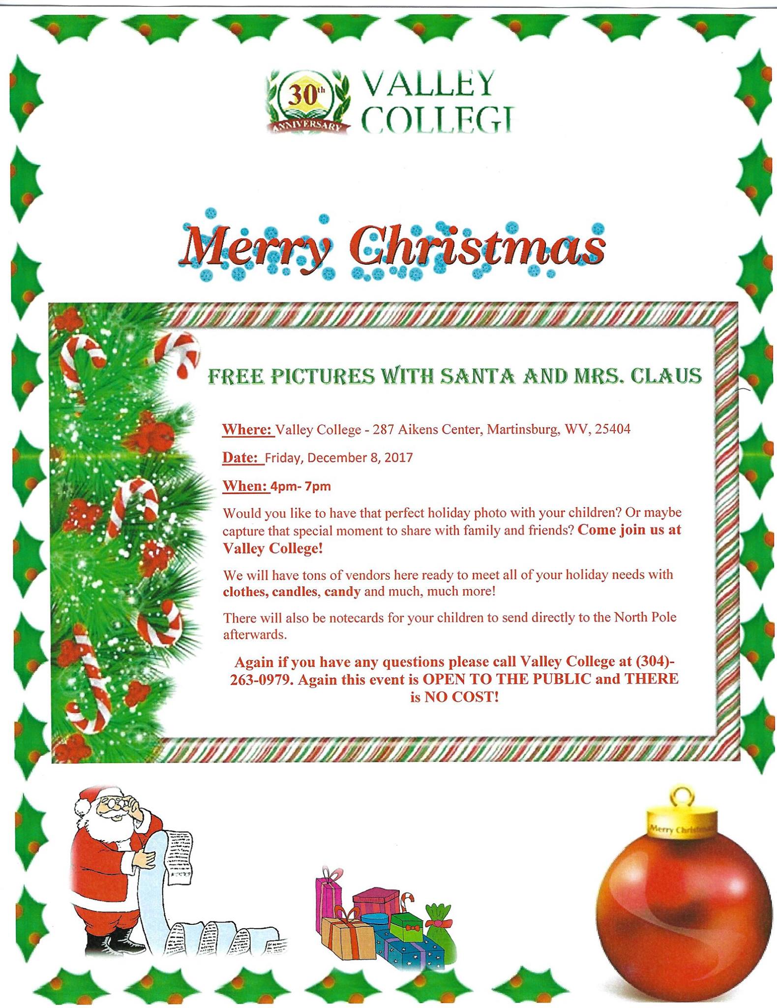 Free pictures with Santa on December 8th at Martinsburg campus.