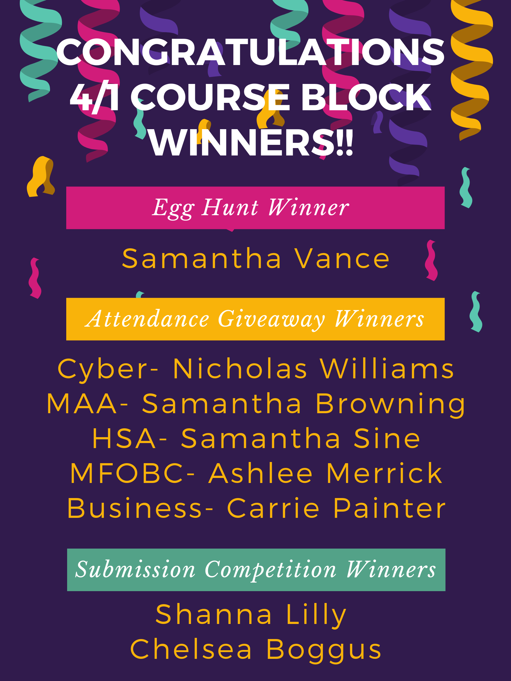 Home: Congratulations 4/1 Course Block Winners | Home